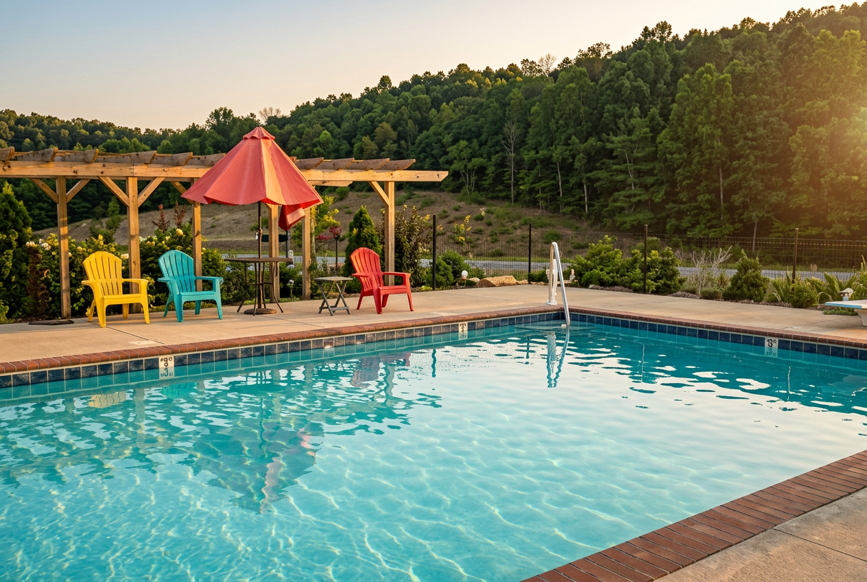 Outdoor swimming pool with mountain backdrop